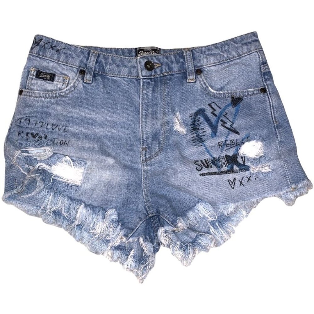 SuperDry Vintage Raw Hem Shorts Distressed High Waist 26 Blue Jeans Womens Heart